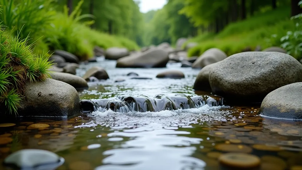 Crystal clear river pool in the valley with smooth pebbles visible beneath the water and surrounding vegetation