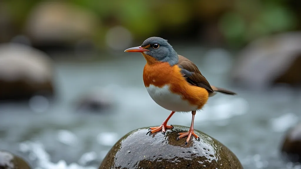 Close-up of a dipper bird perched on wet river rocks, mountain stream in background, natural wildlife photography