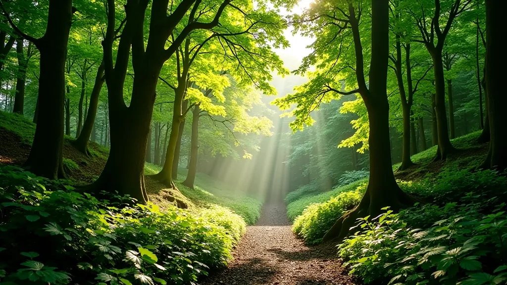 Forest canopy with sunlight filtering through the leaves