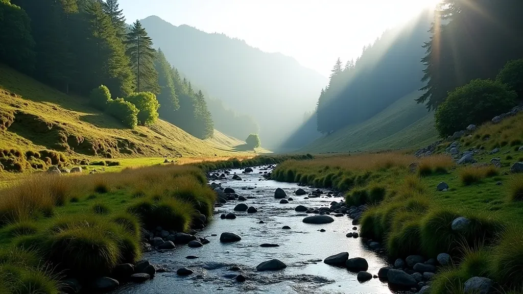 Glenmalure valley with river flowing through forested hillsides and steep granite walls
