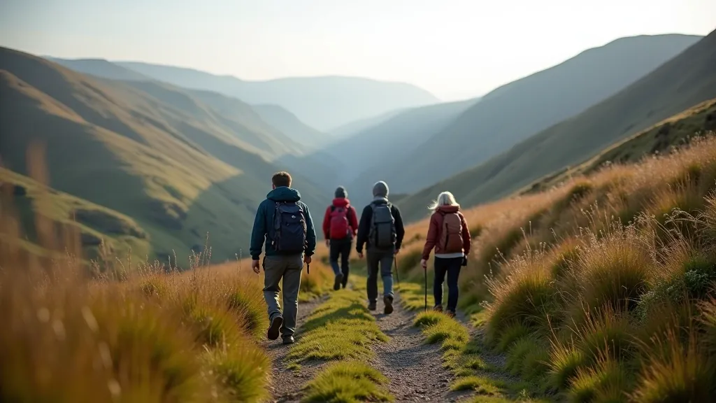 Group hiking on mountain trail