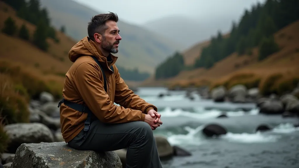 Hiker sitting on rocks beside flowing river, surrounded by green valley walls and moss-covered boulders