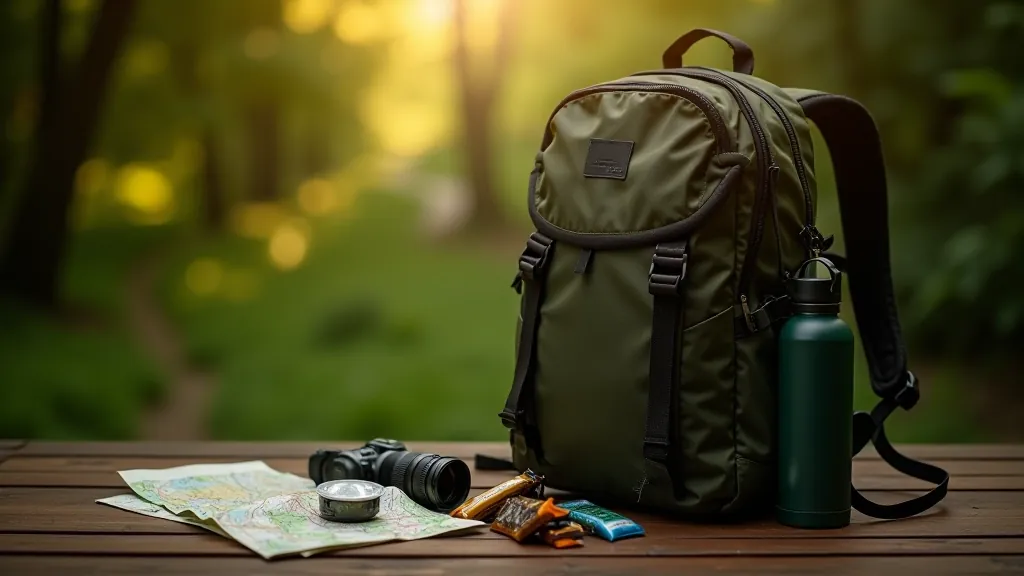 Backpack with hiking essentials laid out on a wooden table including water bottle, snacks, and hiking map