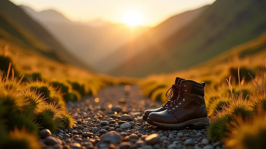 Hiking boots on a mountain trail with scenic background
