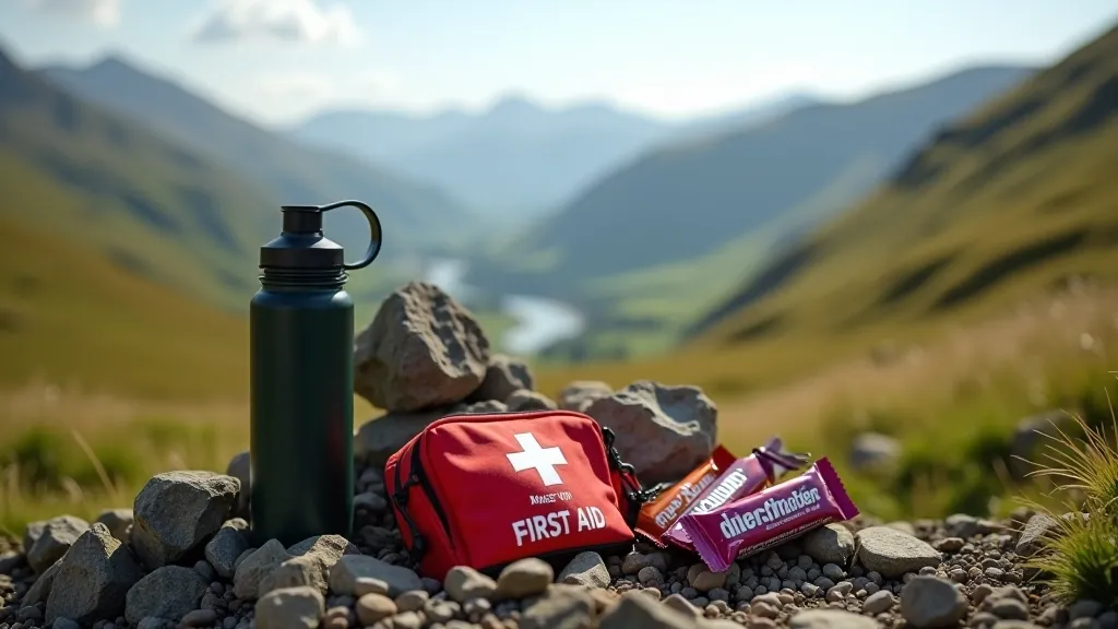 First aid kit, energy bars, and water bottle arranged on a hiking trail with mountain background