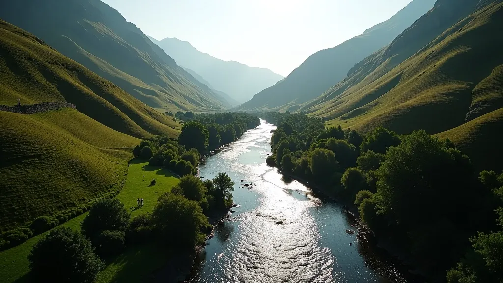 Aerial view of winding river through Glenmalure valley with forested hillsides and walking paths visible from above