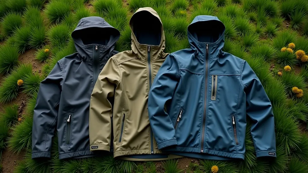 Layered hiking clothing arranged on grass including waterproof jacket, fleece, and moisture-wicking base layer