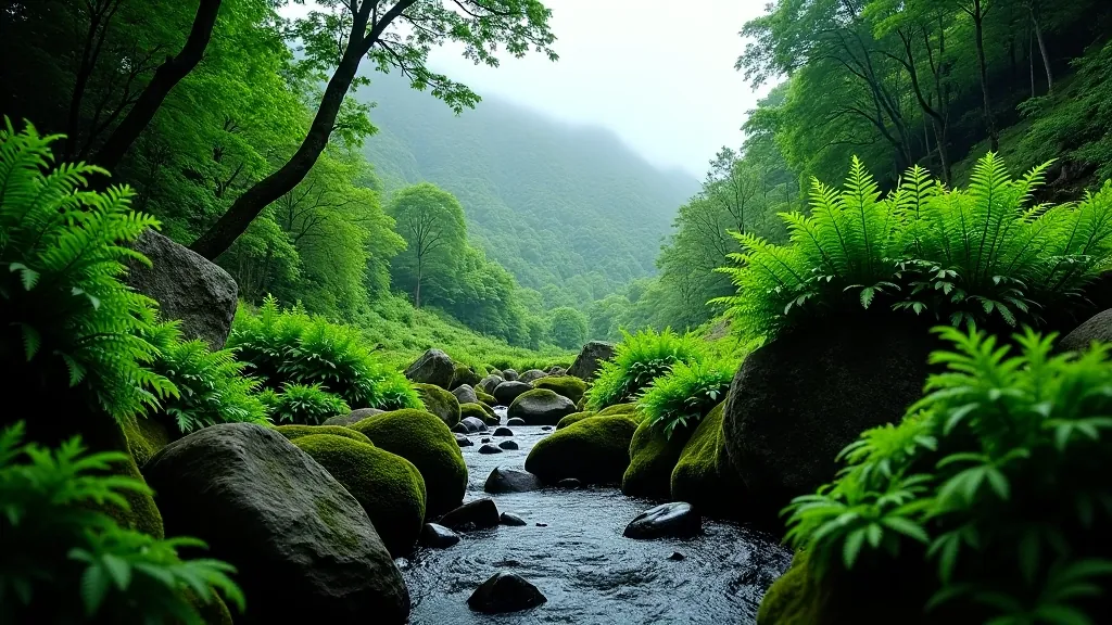 Lush green ferns and moss-covered rocks in a shaded forest area, misty mountain backdrop visible through trees