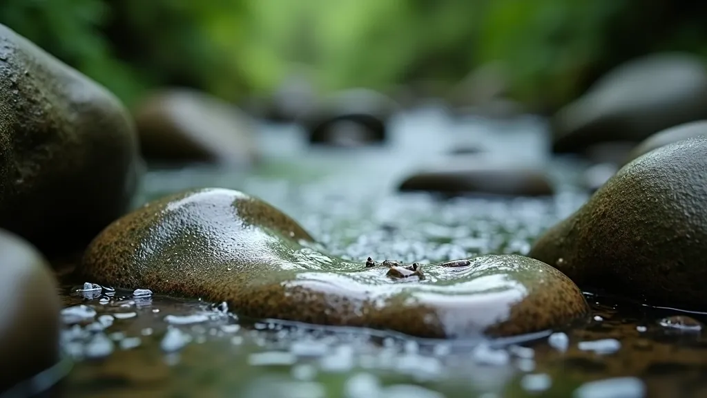 Close-up of smooth river stones with water flowing around them, showing texture and natural patterns