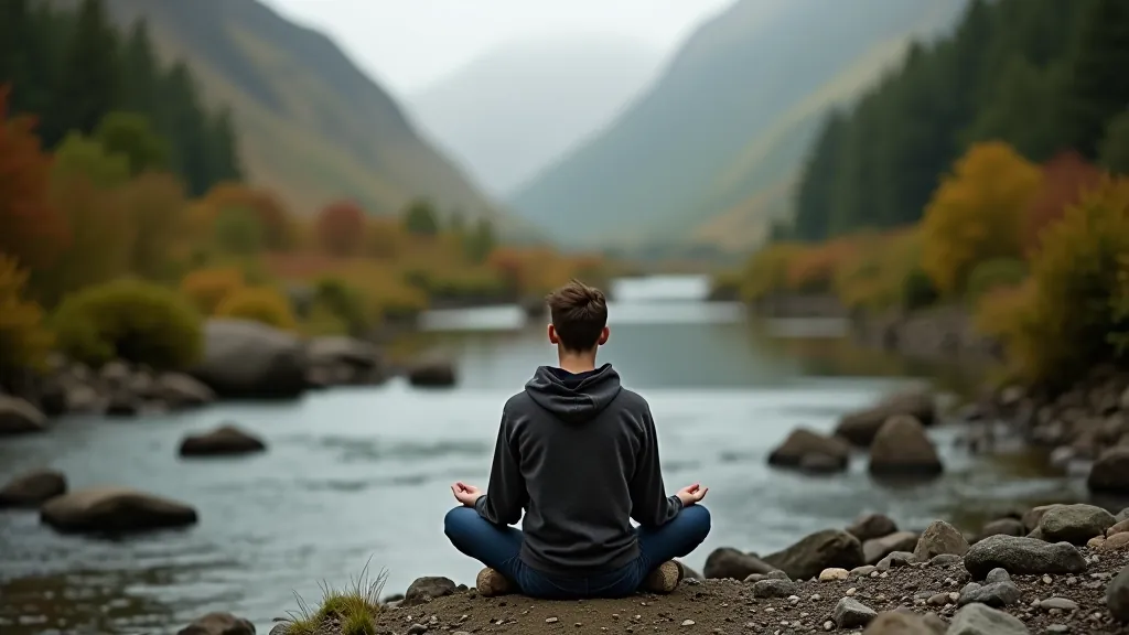 Person meditating by mountain stream