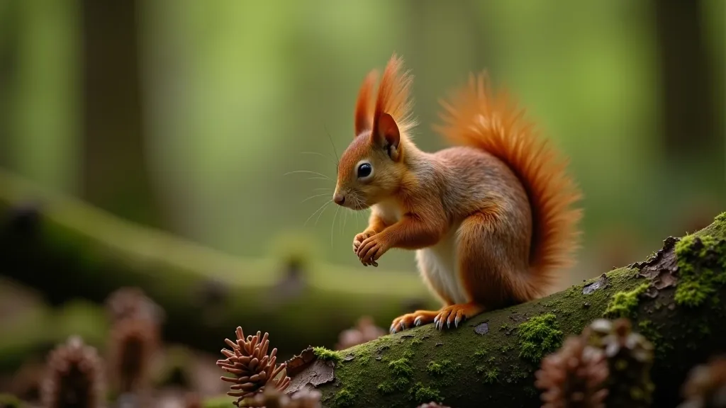 Red squirrel on a tree branch among conifer needles, alert posture, forest habitat in soft focus
