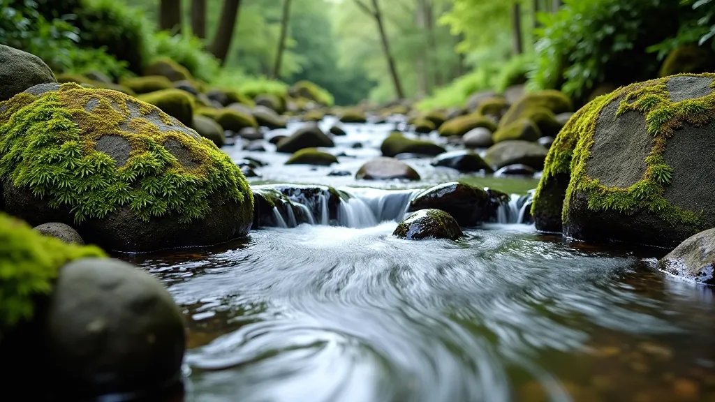 River flowing over smooth rocks with water plants and moss-covered boulders along the banks