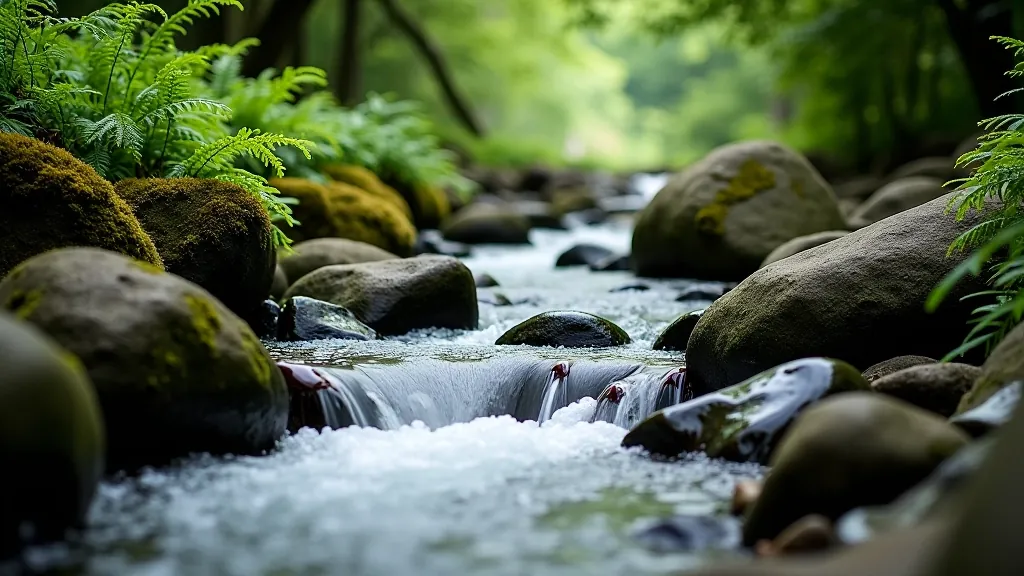 Glenmalure river cascading over smooth rocks with lush green ferns and moss-covered boulders on both banks