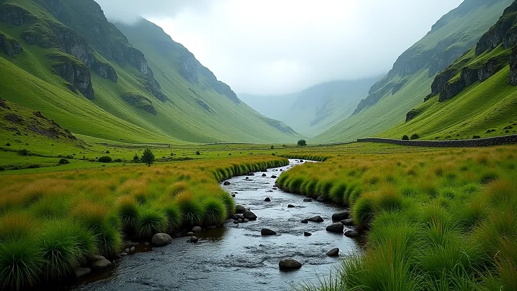 Glenmalure valley floor with mountains and river in natural light
