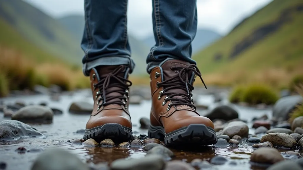 Close-up of waterproof hiking boots on wet rocky trail with valley landscape in background