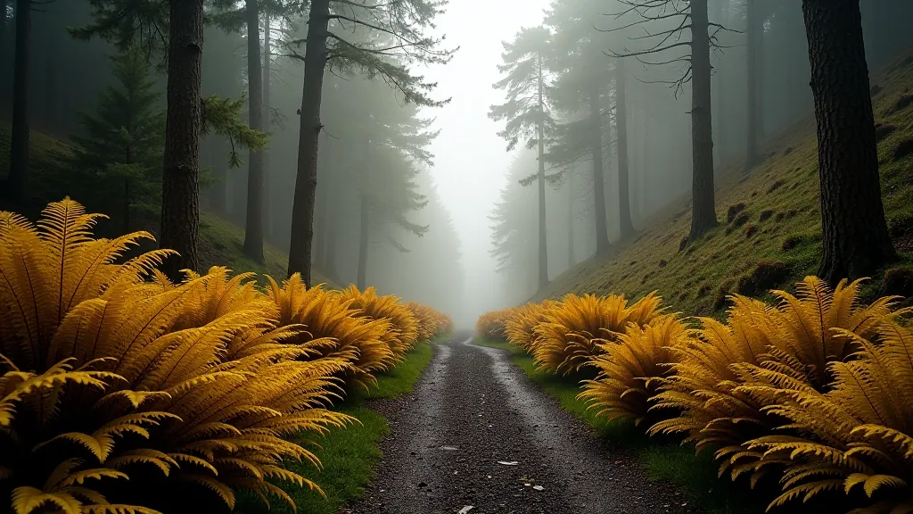 Autumn woodland path with golden ferns and morning mist filtering through tall trees in Glenmalure valley